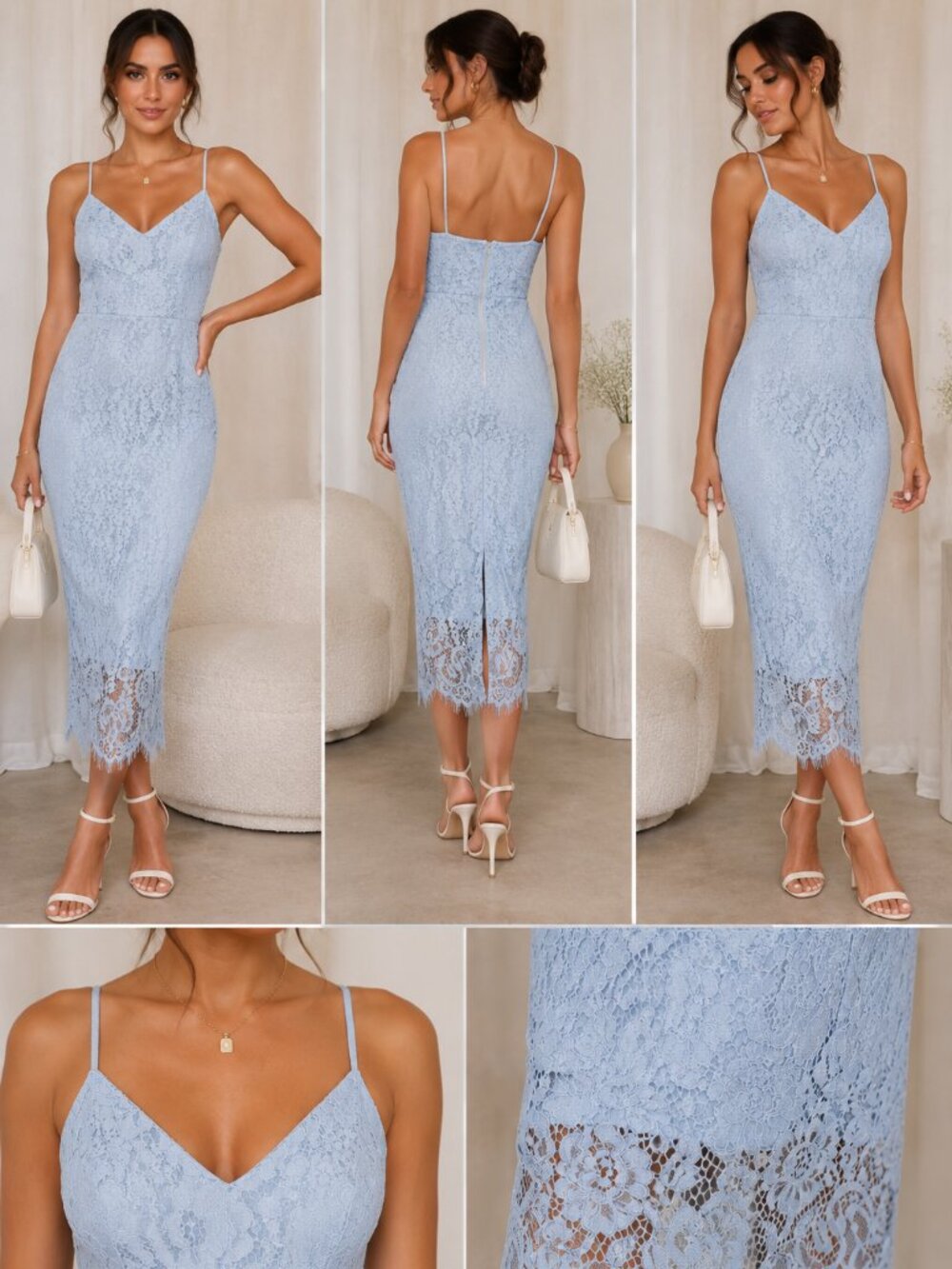 PrettyLittleThing Pale Blue Lace Midi Dress - Picture 1 of 5